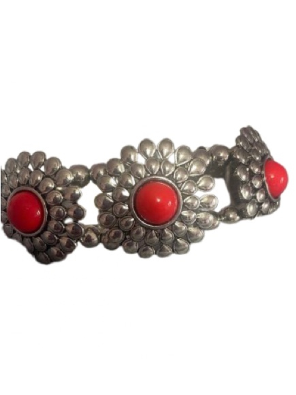 Silver and Red Floral Stretch Bracelet